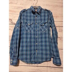 Just A Cheap Shirt Mens Large Blue Plaid Long Sleeve Button Down Epaulet Cotton